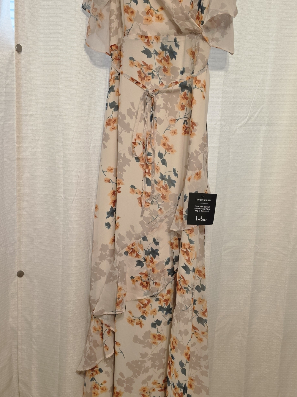 Lulu's Cream Floral Wrap Maxi Dress with Mustard and Slate Accents